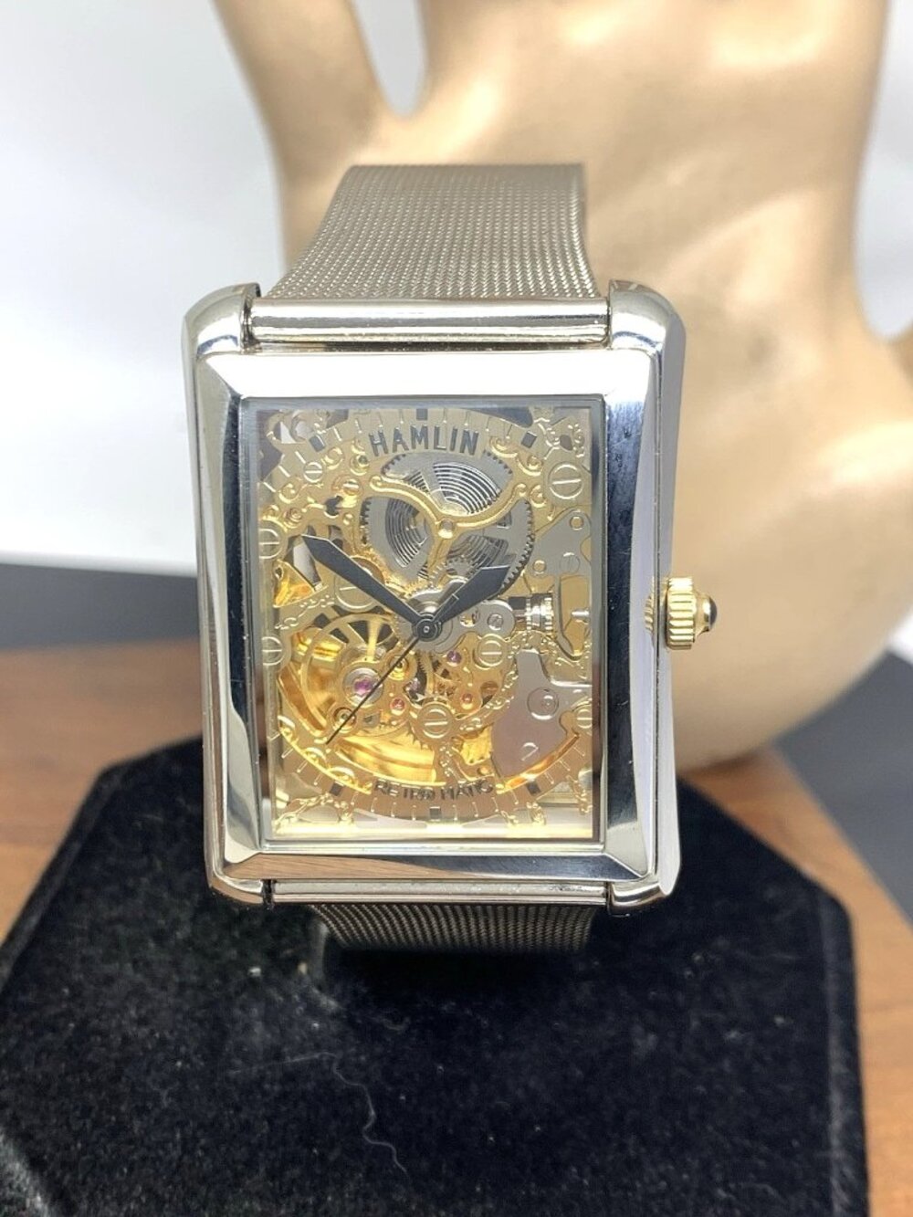 Hamlin Men's Watch Automatic Skeleton Gold Silver Dial Stainless Steel 33x45mm